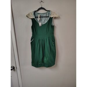 Knitted Dove Green Sleeveless Dress Eyelet Lace Collar Floral Embroidery Small
